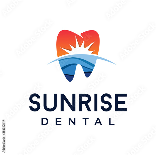 Dentistry Sunrise Logo Design Simple Stock Vector. dental on the beach logo design inspiration. 
Health Dent Sunset Logo Icon