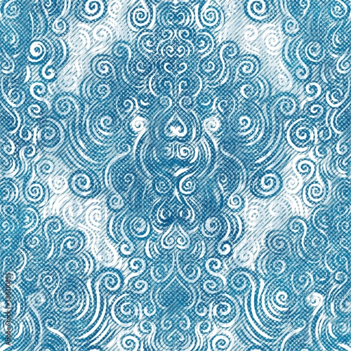 Seamless blue ink pen crosshatch damask blueprint pattern. High quality illustration. Draft sketch like graphic design. Pencil or pen ink drawing with realistic smudges. Seamless repeat raster design.