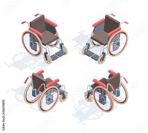 Wheelchair isometric view. Medical special equipment people with disabilities comfortable orthopedic seats and footrests device physical rehabilitation necessary means transportation. Vector help.