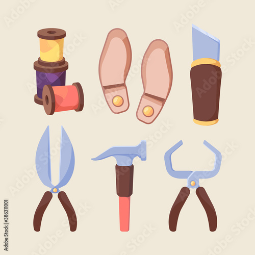 Shoe repair tools set. Sharp scissors for cutting leather colored bobbins sewing blanks soles knife for leveling layers professional hammer and pliers driving pulling nails. Skill vector.