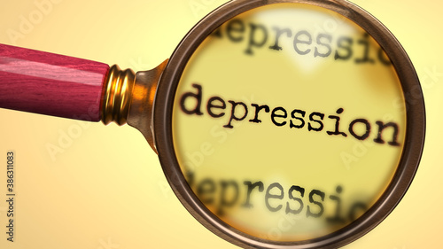 Examine and study depression, showed as a magnify glass and word depression to symbolize process of analyzing, exploring, learning and taking a closer look at depression, 3d illustration