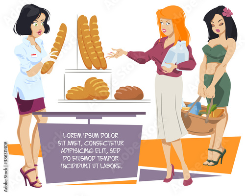 Beautiful saleswoman in bread store. Trade in bakery. Picture concept for web page design.