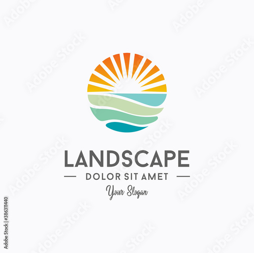 Sunset beach logo Landscape design Template Vector illustration. summer Wave sun Logo Sign Design Icon. ocean , tropical And Sea Sun Logo Element. sunset and sunrise concept symbol