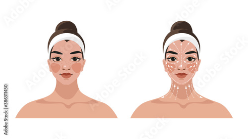 Instructions for face and neck massage, face building, lifting and lymphatic drainage, anti-aging beauty care for women. Scheme of massage lines. Cartoon vector illustration isolated on white