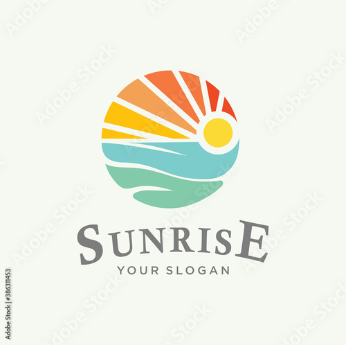 Sunset beach logo Landscape design Template Vector illustration. summer Wave sun Logo Sign Design Icon. ocean , tropical And Sea Sun Logo Element. sunset and sunrise concept symbol © blueberry 99d