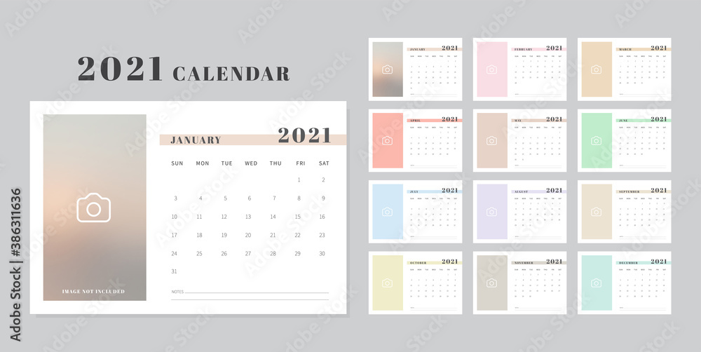 Calendar 2021 template. Minimal design. Calendar template design with place for photo. Vector illustration Calendar 2021 template. Minimal design. Calendar template design with place for photo. Vector illustration