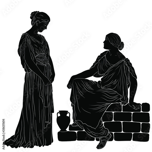 Two young slender woman in an ancient Greek tunic and sandals talking Silhouette isolated on a white background.