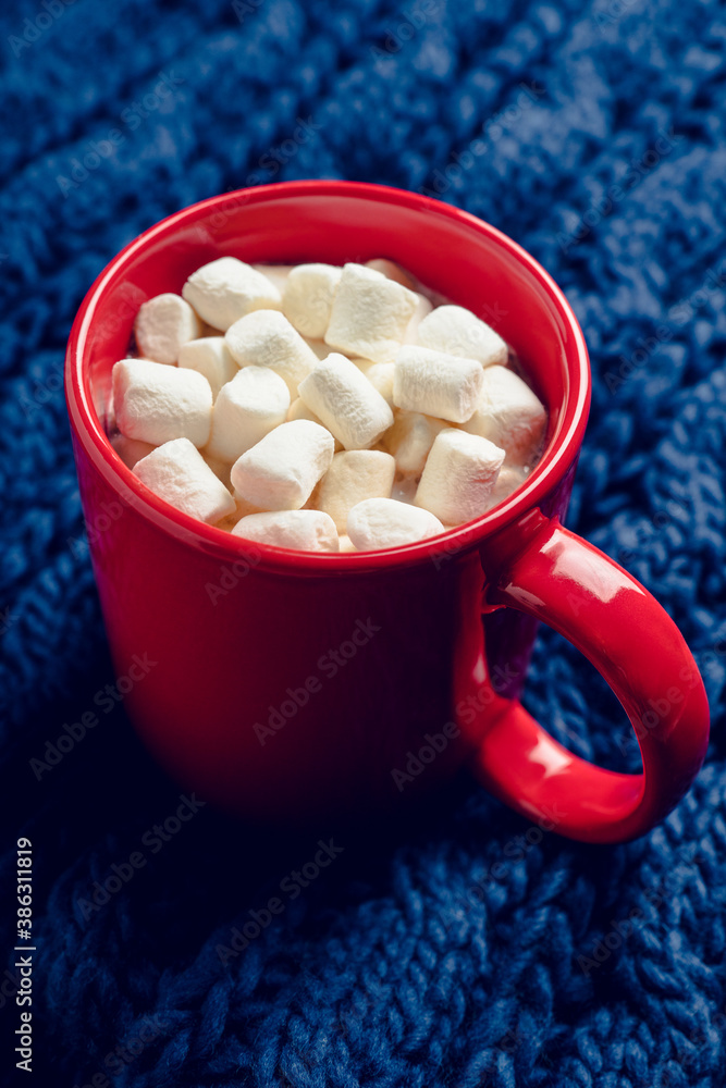 Hot chocolate with marshmallows on the warm knitted scarf. Autumn atmospheric background. Hot chocolate with marshmallows on the warm knitted scarf. Autumn atmospheric background.