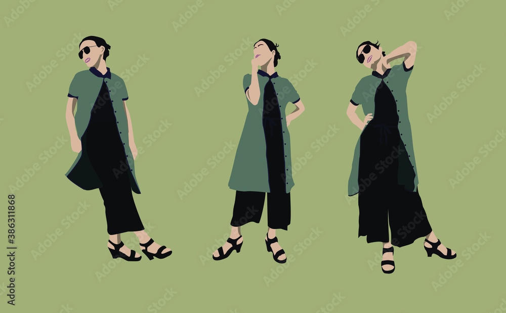 Stylish Pose of Girl model Wearing green dress flat illustration