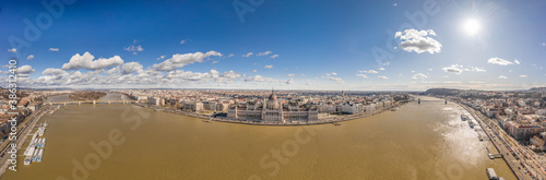 Aerial panoramic view of Hungarian Parliament by danube in Budapest morning © Davidzfr
