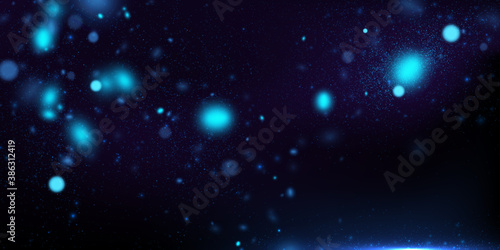 Vector abstract background with blue particles on dark. Glowing magical lights  sparkling glittering effect. 