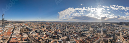 Aerial panoramic drone shot of St. Stephen's Basilica city center at Budapest winter morning