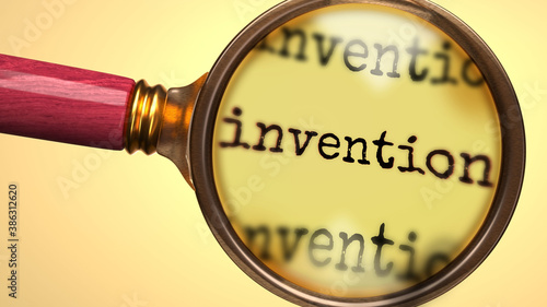 Examine and study invention, showed as a magnify glass and word invention to symbolize process of analyzing, exploring, learning and taking a closer look at invention, 3d illustration