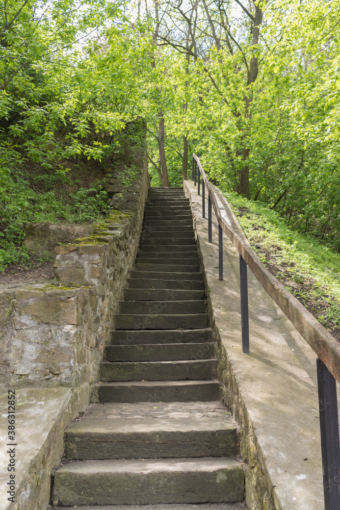 Stone staircase in the park on the Castle Hill in Chyhyryn, Cherkasy region, Ukraine