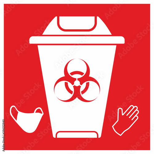 Red sign of trash bucket for used medical mask and gloves concept icon