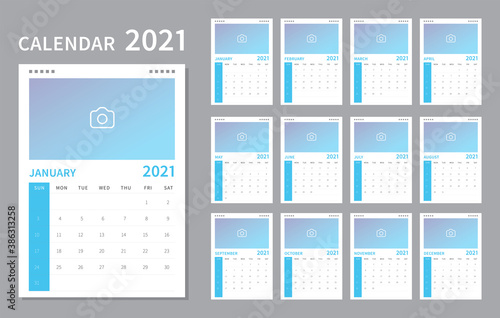 Calendar 2021 template. Calendar template design with place for photo. Vector illustration