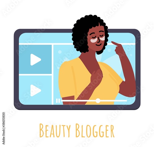 Black african Beauty blogger showing trend makeup tutorial with eyes hydrogel patches. woman creating content and posting on social media. Vector flat.