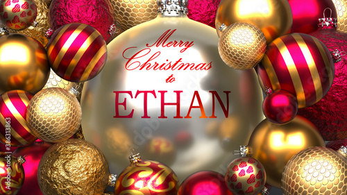 Christmas card for Ethan to send warmth and love to a dear family member with shiny, golden Christmas ornament balls and Merry Christmas wishes to Ethan, 3d illustration photo