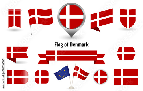 The Flag of Denmark. Big set of icons and symbols. Square and round Danmark flag. Collection of different flags of horizontal and vertical.
