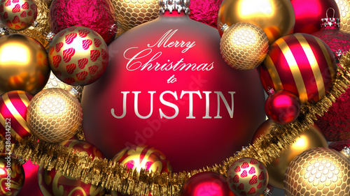 Christmas card for Justin to send warmth and love to a family member with shiny, golden Christmas ornament balls and Merry Christmas wishes for Justin, 3d illustration photo