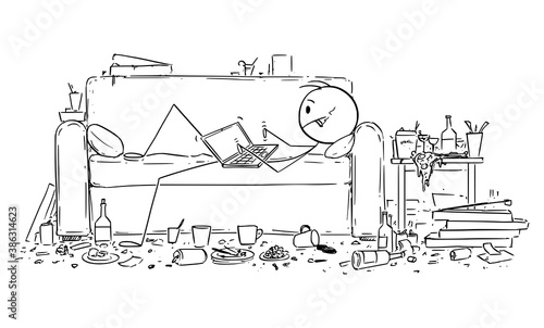 Vector cartoon stick figure illustration of man or businessman lying on sofa or couch and typing or working on computer. Home office, working from home in coronavirus covid-19 pandemic. Mess and junk