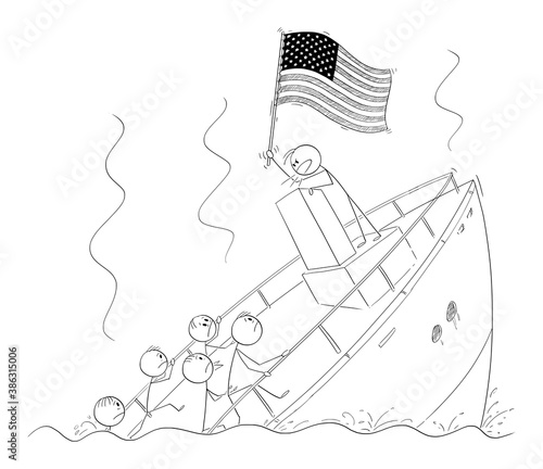 Vector cartoon stick figure illustration of politician or leader holding US flag and talking or having speech, standing behind lectern during ship sinking ignoring the crisis and reality.