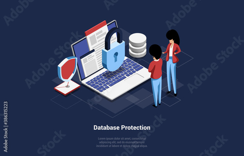 Database Protection Vector 3d Illustration. Isometric Cartoon Composition Of Big Laptop With Lock, Male And Female Characters Standing Near. Infographic Sign, Lock And Mail Object. Lorem Ipsum Writing
