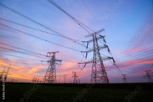  substations and high-voltage pylons in the evening