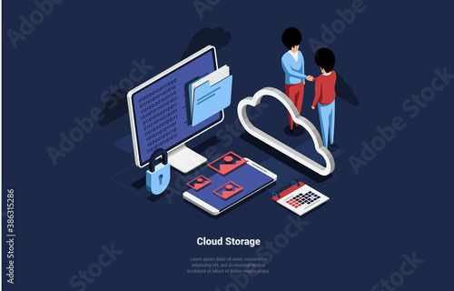 Cloud Storage Of Data Concept Vector Ilustration. 3D Isometric Composition With Cartoon Characters Shaking Hands Near Big Computer Screen And Smartphone. Folder, Lock, Images, Custody Signs Around