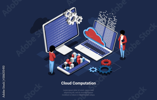 Vector Illustration With Infographic Of Cloud Computation Concept. 3D Isometric Art Of Computer Screen, Laptop And Smartphone Sharing Data, Two People Controlling Process. Mechanism, Cloud, Chart Sign