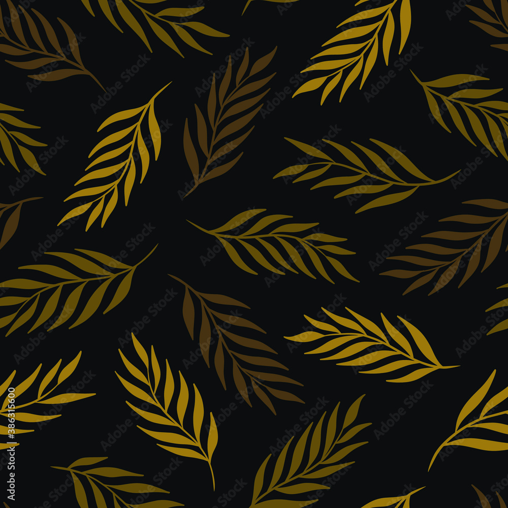 Hand drawn leaf seamless pattern design. Gold on black background. Vector illustration for surface design, print, poster, icon, web, graphic designs. Hand drawn leaf seamless pattern design. Gold on black background. Vector illustration for surface design, print, poster, icon, web, graphic designs.