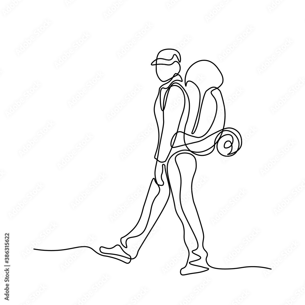 Woman traveler with backpack in continuous line art drawing style. Hiking and camping activity. Black linear sketch isolated on white background. Vector illustration Woman traveler with backpack in continuous line art drawing style. Hiking and camping activity. Black linear sketch isolated on white background. Vector illustration