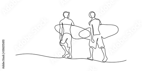 Surfers in continuous line art drawing style. Two fit men walking on the beach with surfboards black linear sketch isolated on white background. Vector illustration