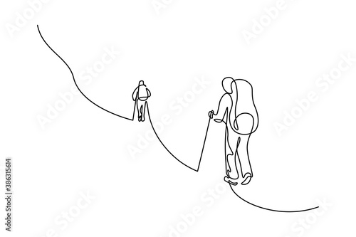 Tableau sur toile Mountain climbers in continuous line art drawing style