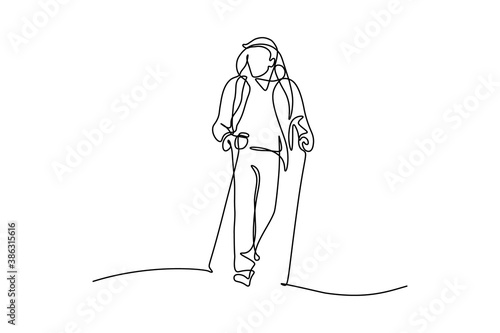 Man hiking with backpack and trekking poles in continuous line art drawing style. Nordic walking. Black linear sketch isolated on white background. Vector illustration