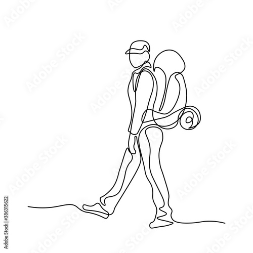 Woman traveler with backpack in continuous line art drawing style. Hiking and camping activity. Black linear sketch isolated on white background. Vector illustration