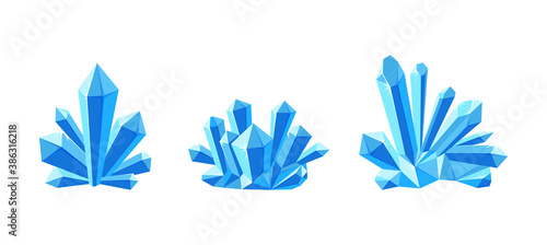 Ice crystals or gem stones with shade. Set of crystal druses made of blue mineral isolated in white background. Vector illustration in cartoon style