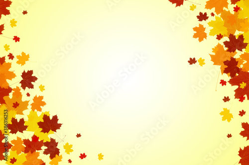 Beautiful bright autumn background with maple leaves on a yellow background. Copy space.