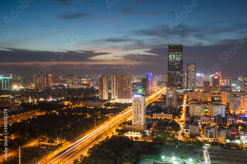 Hanoi skyline cityscape during sunset period at Pham Hung street in Cau Giay district in 2020