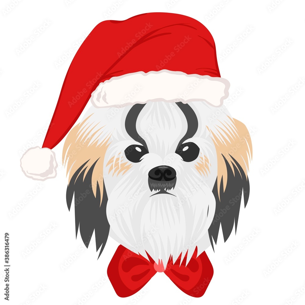 Christmas poster featuring a portrait of a dog wearing a Santa hat. Shih Tzu. Isolated vector illustration. Christmas poster featuring a portrait of a dog wearing a Santa hat. Shih Tzu. Isolated vector illustration.