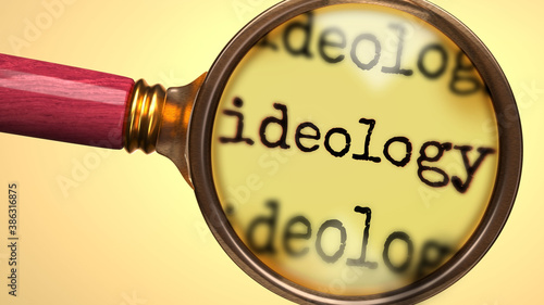 Examine and study ideology, showed as a magnify glass and word ideology to symbolize process of analyzing, exploring, learning and taking a closer look at ideology, 3d illustration