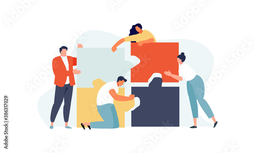 Business people add puzzle teamwork concept. Collaborate on a business challenge