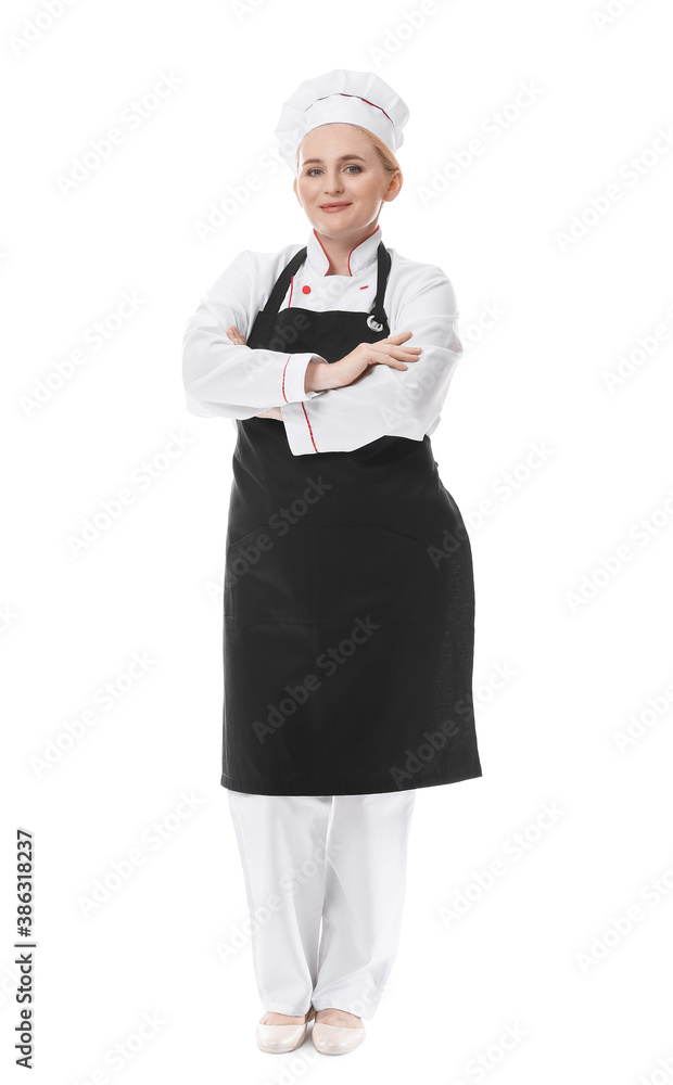 Mature female chef on white background Mature female chef on white background