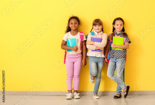 Cute pupils near color wall