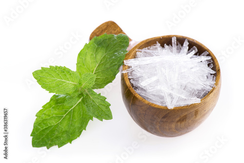 Photography Menthol Crystal  and Mint leaves isolated on a white background.