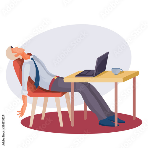 a man sits at a table on which there is a laptop and leaned back exhaustedly in his chair, fatigue, depression, impotence, isolated object on a white background, vector illustration, photo