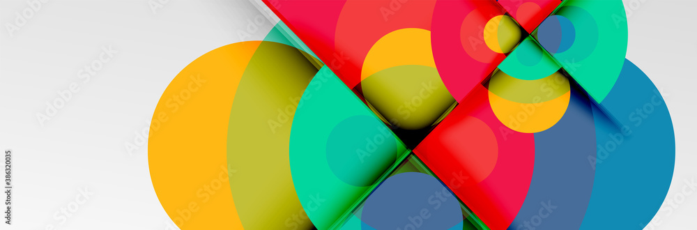 Bright color circles, abstract round shapes and triangles composition with shadow effects. Vector modern geometric design template Bright color circles, abstract round shapes and triangles composition with shadow effects. Vector modern geometric design template