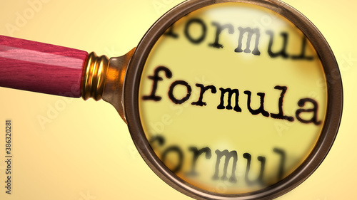 Examine and study formula, showed as a magnify glass and word formula to symbolize process of analyzing, exploring, learning and taking a closer look at formula, 3d illustration