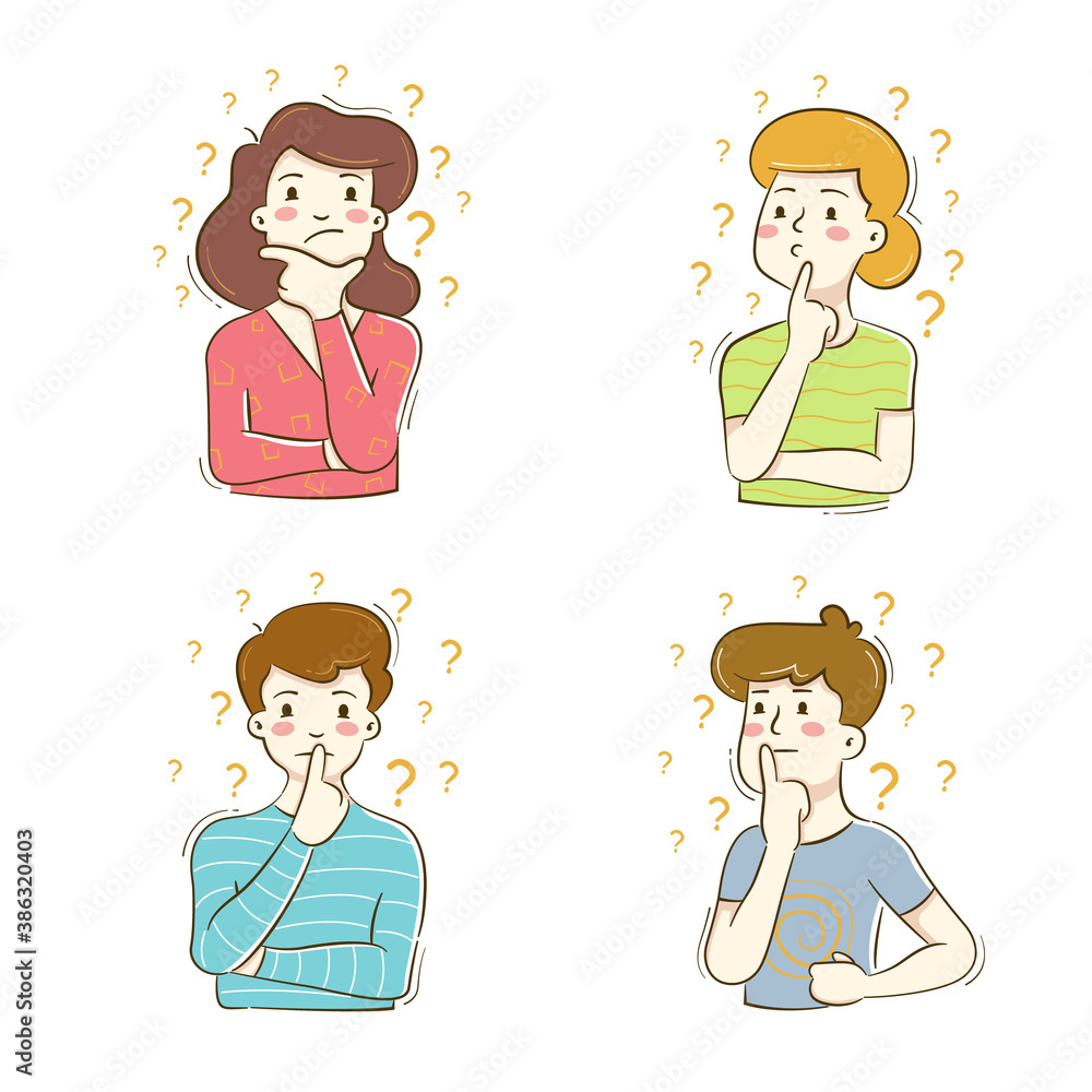 people in different poses think. cartoon characters think. Question mark. people in different poses think. cartoon characters think. Question mark.