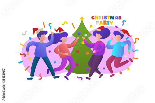 Colorful vector illustration with young happy dancing people. People celebrate New Year or Christmas.